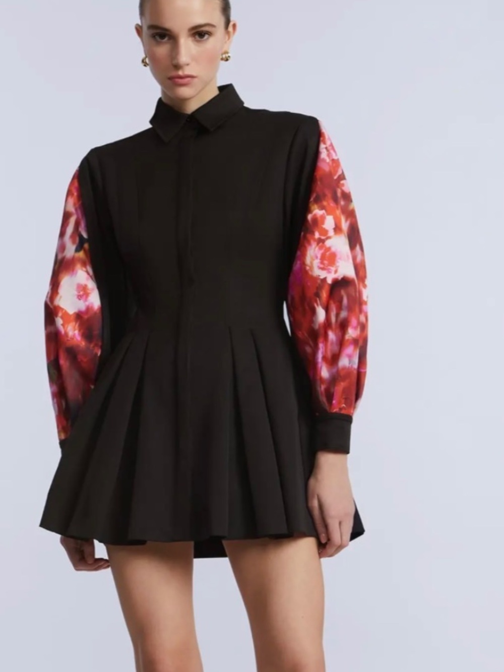 BCBGMAXAZRIA Taffeta Twill Black Floral Sleeve Pleated Mini Shirt Dress